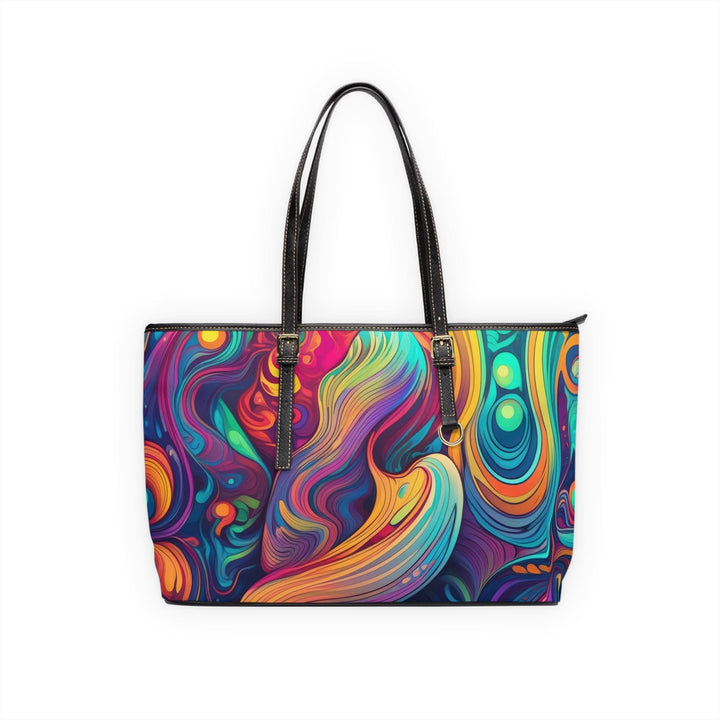 Large Leather Tote Shoulder Bag Vibrant Psychedelic Kaleidoscope Boho Print