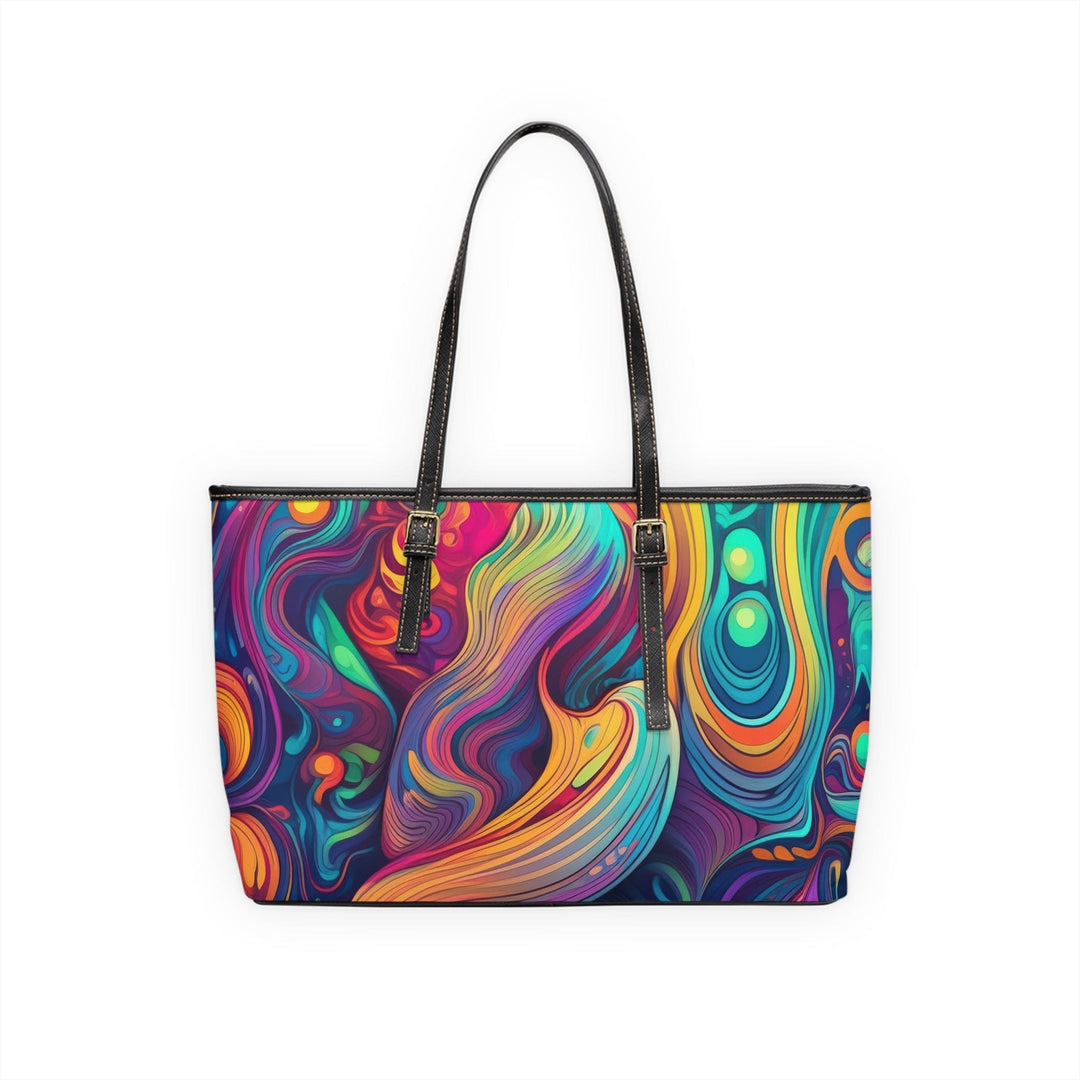 Large Leather Tote Shoulder Bag Vibrant Psychedelic Kaleidoscope Boho Print