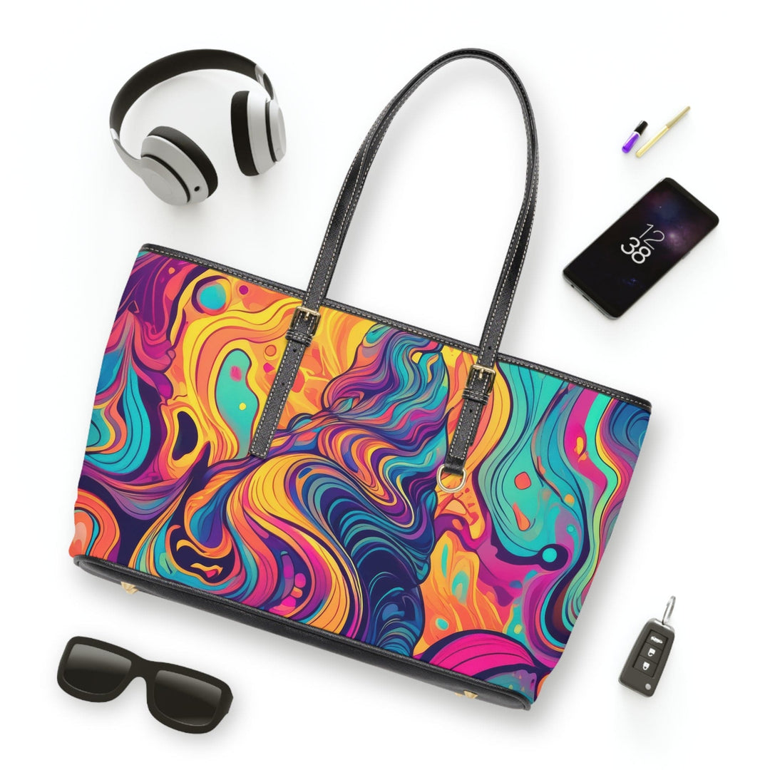 Large Leather Tote Shoulder Bag Vibrant Psychedelic Kaleidoscope Boho Print