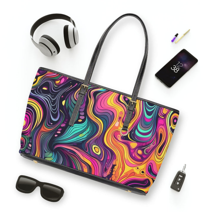 Large Leather Tote Shoulder Bag Vibrant Psychedelic Kaleidoscope Boho Print