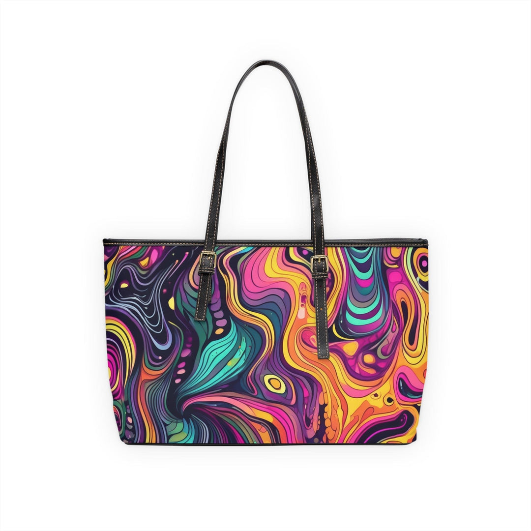 Large Leather Tote Shoulder Bag Vibrant Psychedelic Kaleidoscope Boho Print