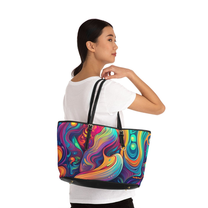 Large Leather Tote Shoulder Bag Vibrant Psychedelic Kaleidoscope Boho Print