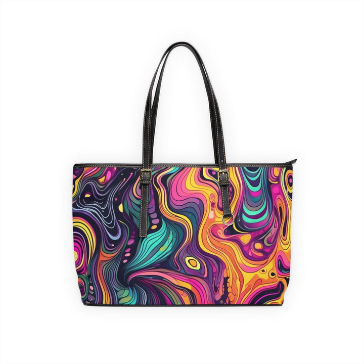 Large Leather Tote Shoulder Bag Vibrant Psychedelic Kaleidoscope Boho Print