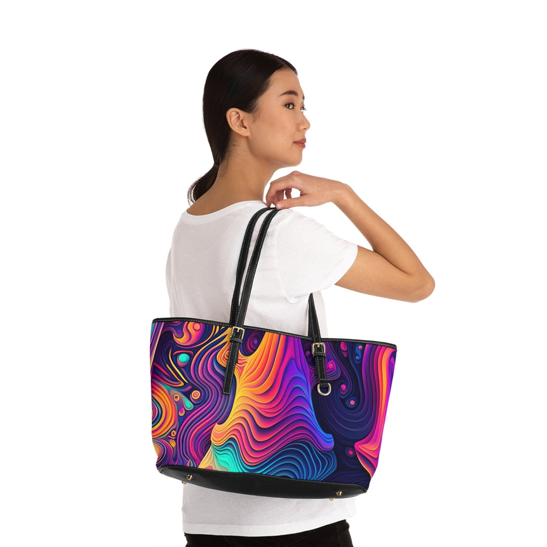 Large Leather Tote Shoulder Bag Vibrant Psychedelic Kaleidoscope Boho Print