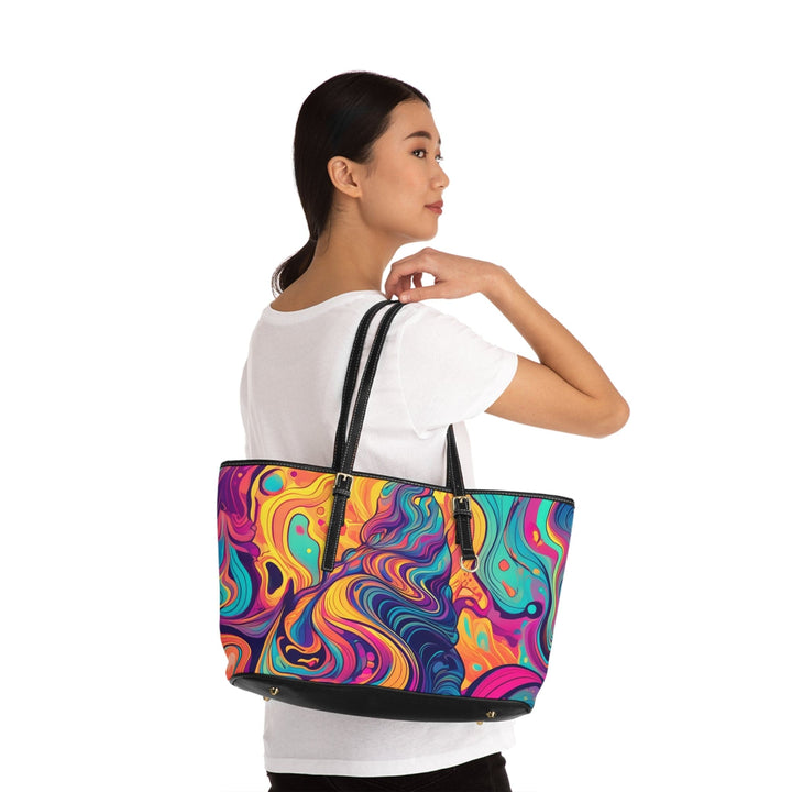 Large Leather Tote Shoulder Bag Vibrant Psychedelic Kaleidoscope Boho Print