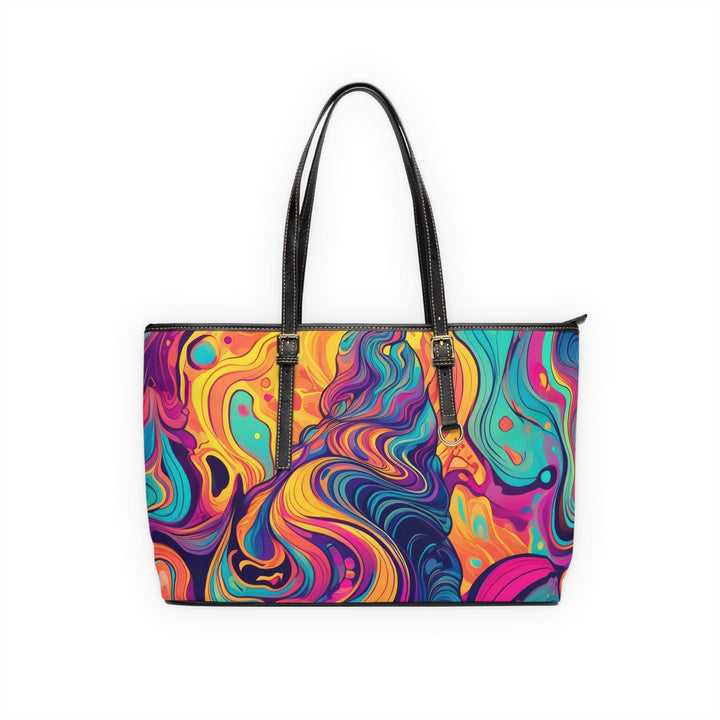 Large Leather Tote Shoulder Bag Vibrant Psychedelic Kaleidoscope Boho Print