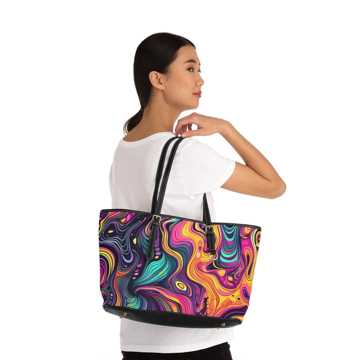 Large Leather Tote Shoulder Bag Vibrant Psychedelic Kaleidoscope Boho Print