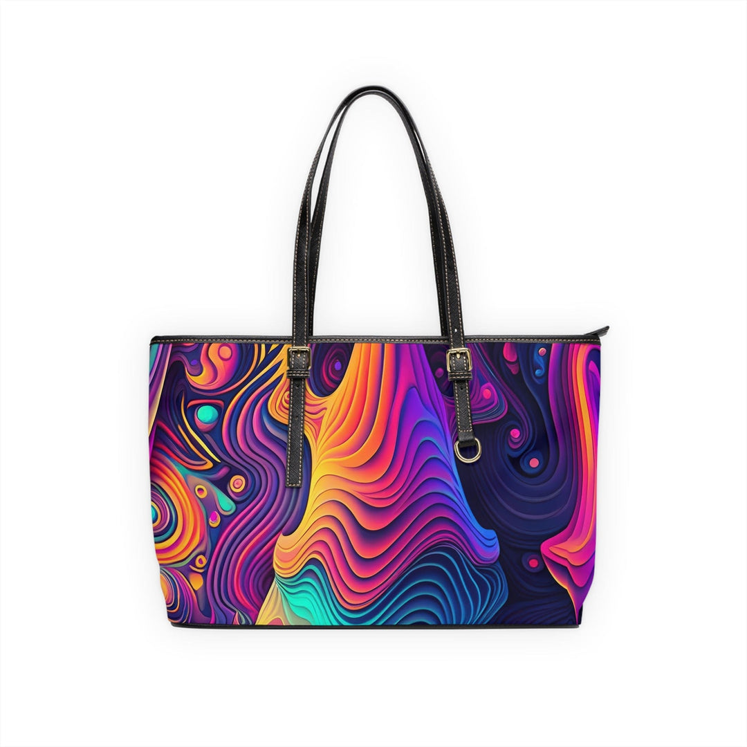 Large Leather Tote Shoulder Bag Vibrant Psychedelic Kaleidoscope Boho Print