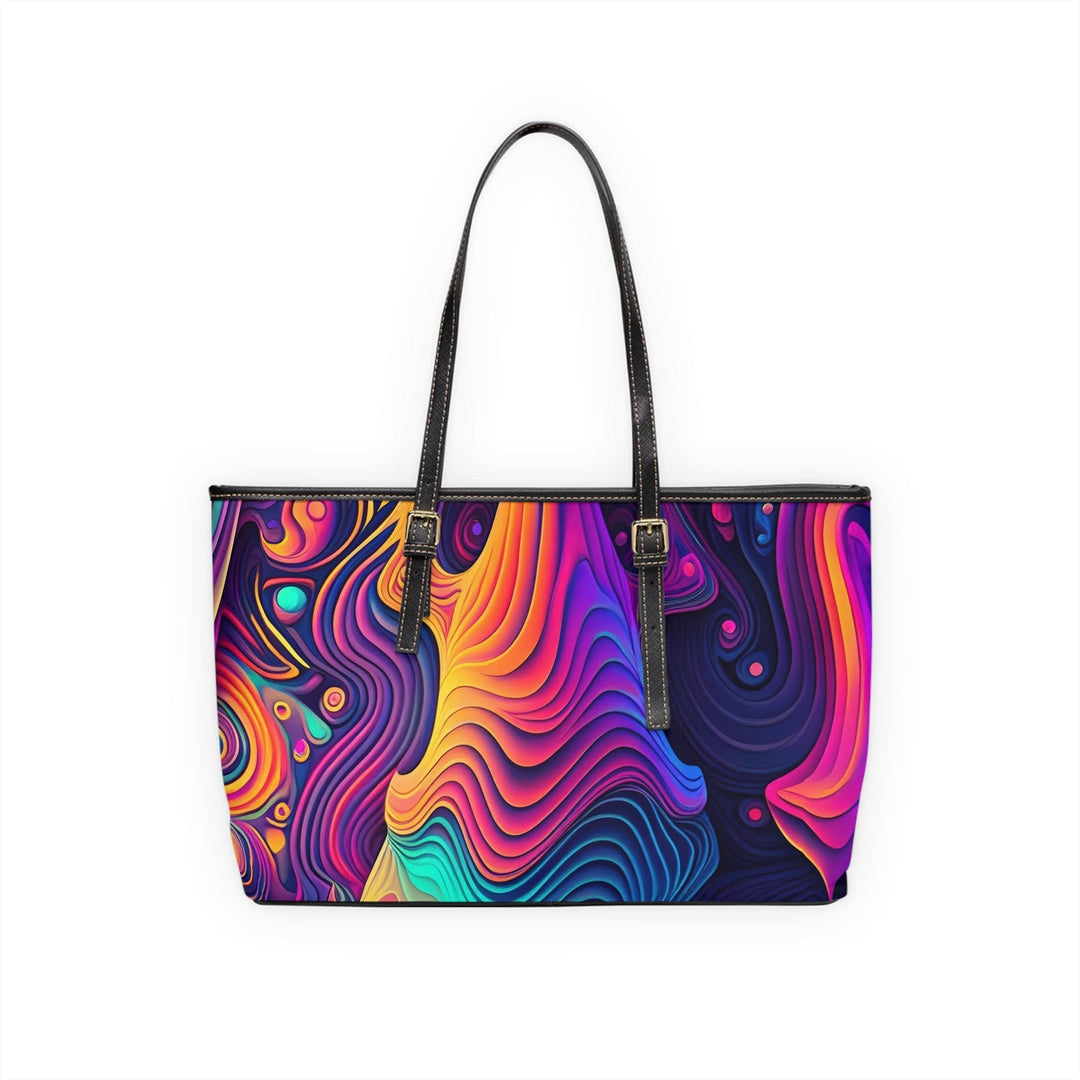 Large Leather Tote Shoulder Bag Vibrant Psychedelic Kaleidoscope Boho Print