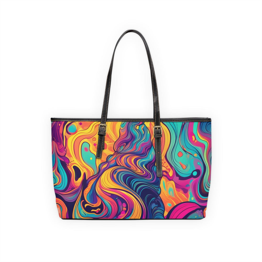 Large Leather Tote Shoulder Bag Vibrant Psychedelic Kaleidoscope Boho Print