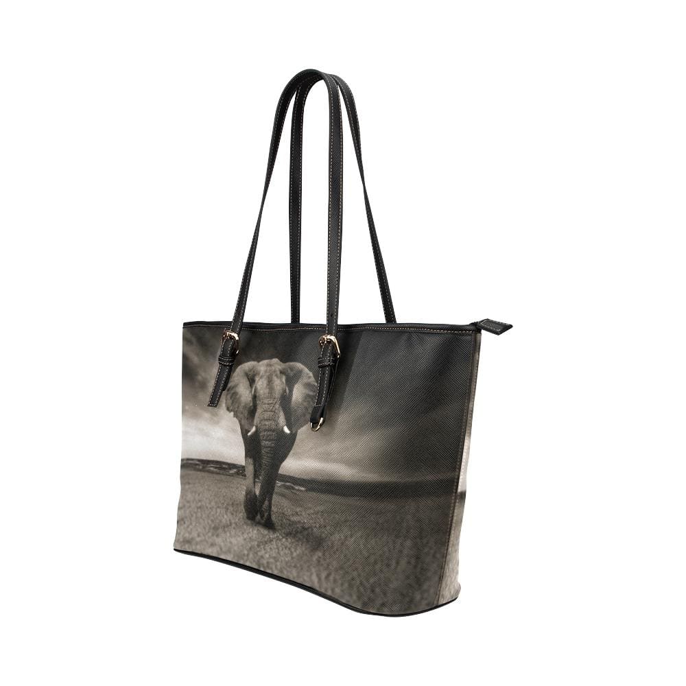 Large Leather Tote Shoulder Bag - Vintage Grey Elephant Illustration