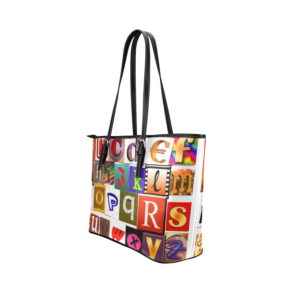 Large Leather Tote Shoulder Bag - White Alphabet Pattern B3558224 - Bags