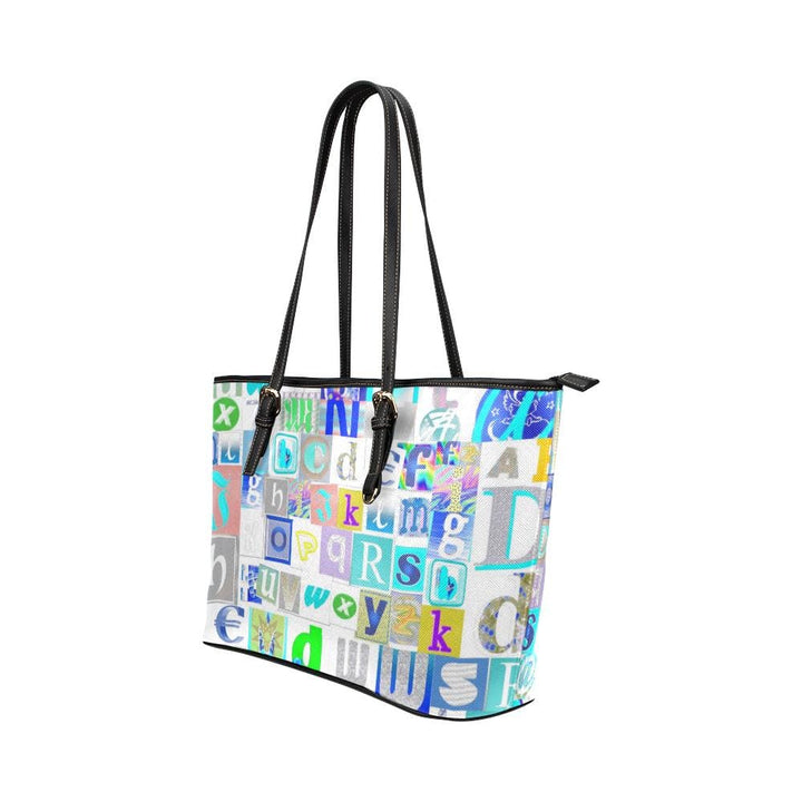 Large Leather Tote Shoulder Bag - White Alphabet Pattern B3558229 - Bags