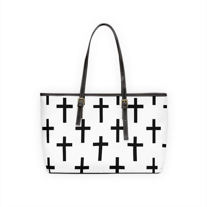 Large Leather Tote Shoulder Bag White Black Cross Print - Bags | Leather Tote