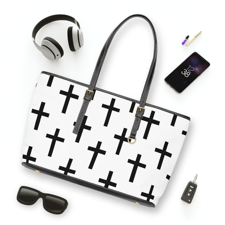 Large Leather Tote Shoulder Bag White Black Cross Print - Bags | Leather Tote