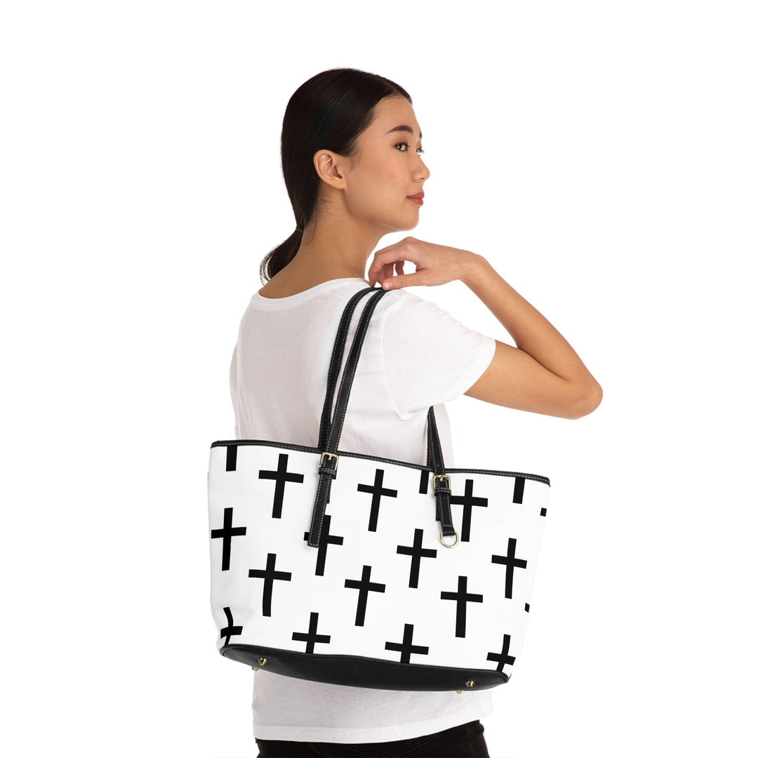 Large Leather Tote Shoulder Bag White Black Cross Print - Bags | Leather Tote