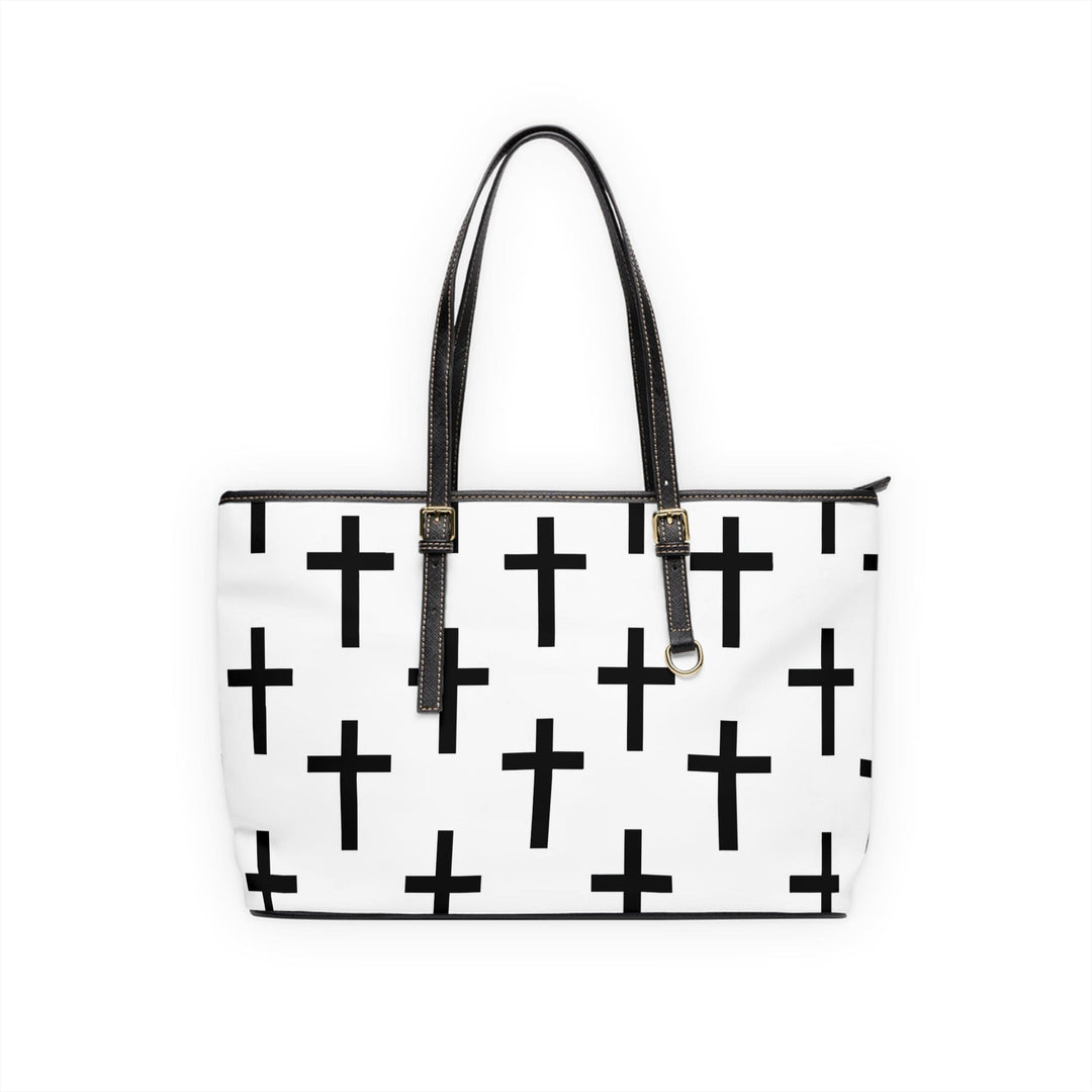 Large Leather Tote Shoulder Bag White Black Cross Print - Bags | Leather Tote