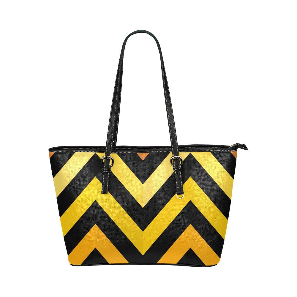 Large Leather Tote Shoulder Bag - Yellow and Black Herringbone Pattern