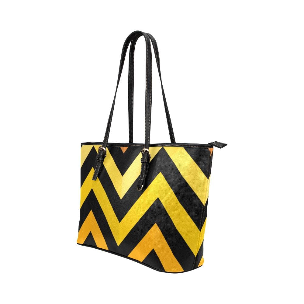 Large Leather Tote Shoulder Bag - Yellow and Black Herringbone Print - Bags