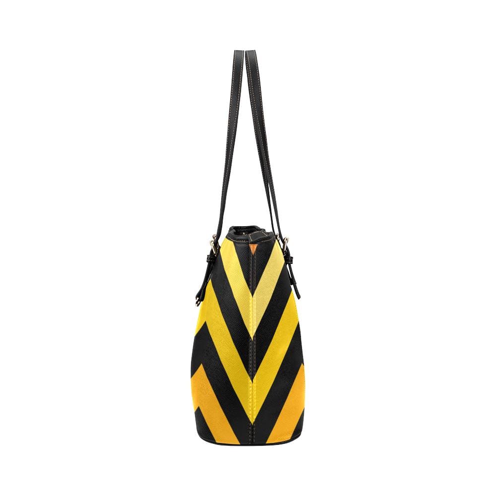 Large Leather Tote Shoulder Bag - Yellow and Black Herringbone Pattern