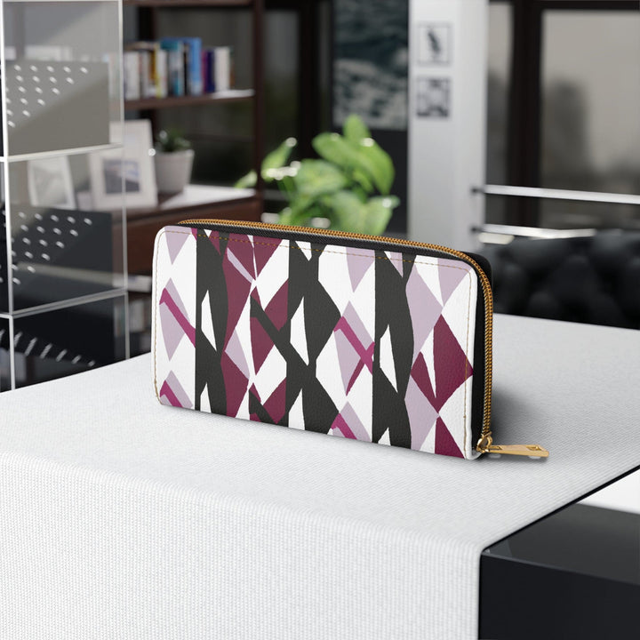 Mauve Pink and Black Geometric Pattern Womens Zipper Wallet Clutch Purse - Bags