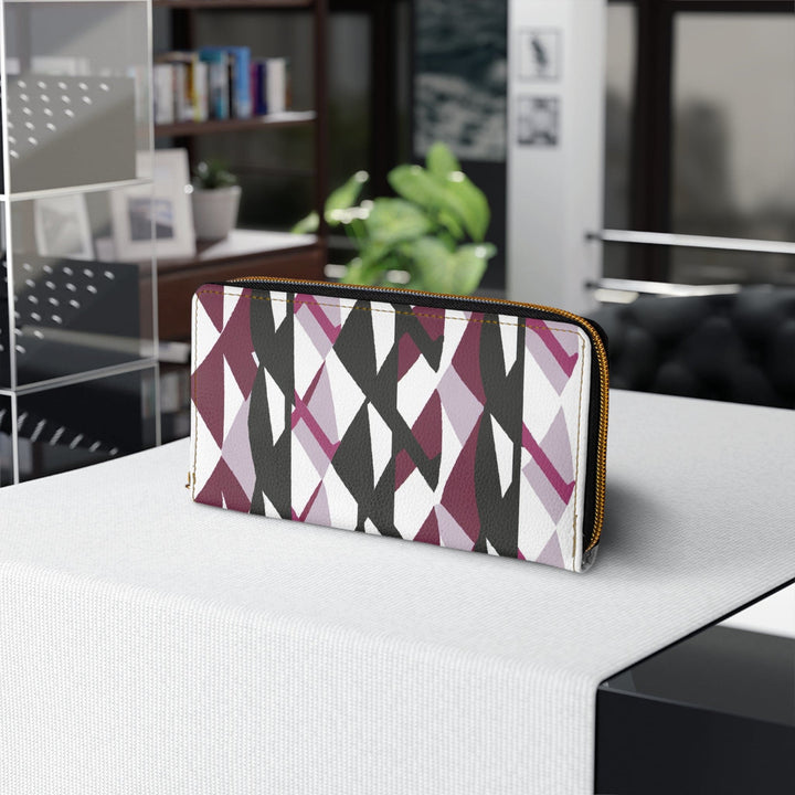 Mauve Pink and Black Geometric Pattern Womens Zipper Wallet Clutch Purse - Bags