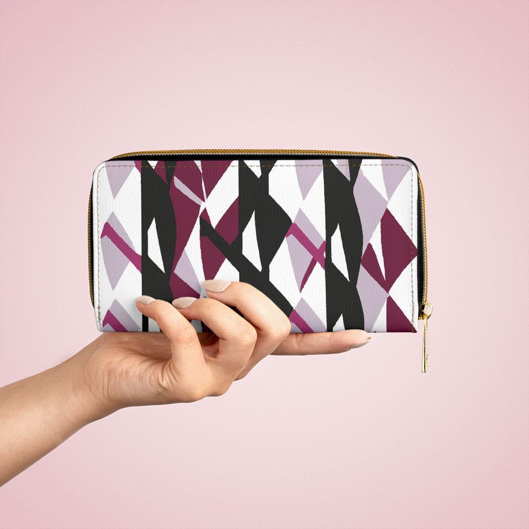 Mauve Pink and Black Geometric Pattern Womens Zipper Wallet Clutch Purse - Bags