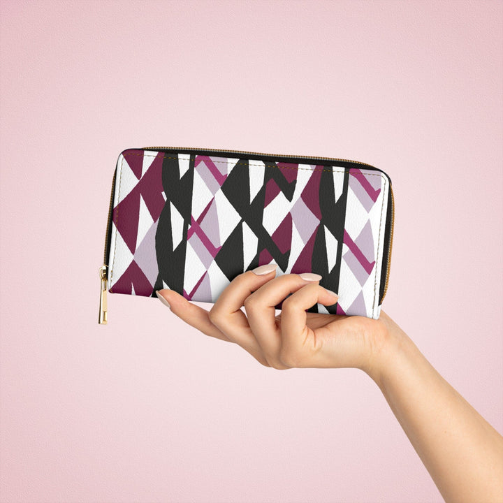 Mauve Pink and Black Geometric Pattern Womens Zipper Wallet Clutch Purse - Bags