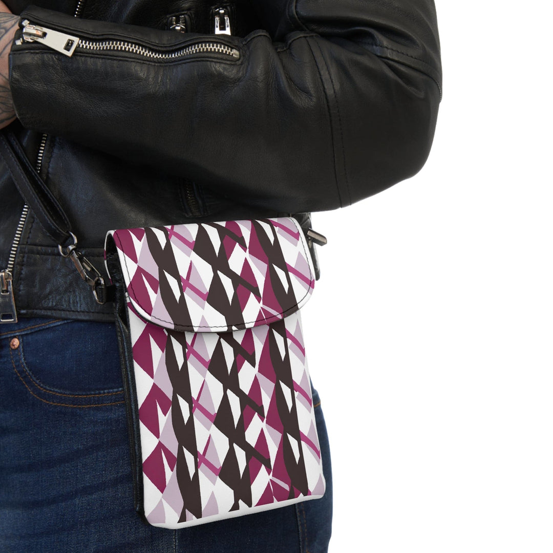 Mauve Pink and Maroon Geometric Pattern Crossbody Cell Phone Wallet Purse