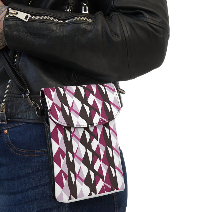 Mauve Pink and Maroon Geometric Pattern Crossbody Cell Phone Wallet Purse