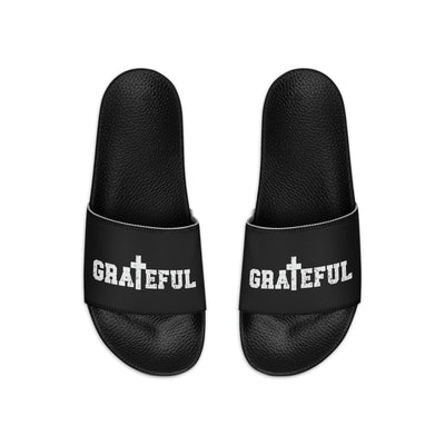 Mens Black Slide Sandals Grateful Christian Inspiration Affirmation - Mens