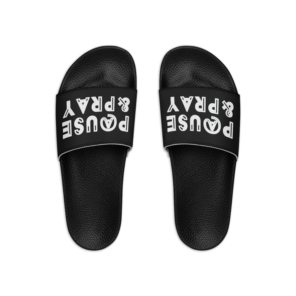 Mens Black Slide Sandals - Pause and Pray - Christian Inspiration - Mens