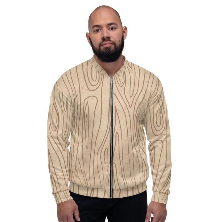 Mens Bomber Jacket Beige Brown Tree Sketch Lines