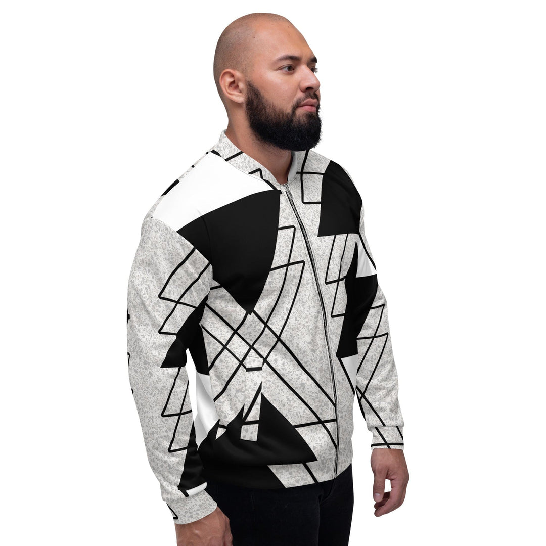 Mens Bomber Jacket Black and White Ash Grey Triangular Colorblock 2 - Mens