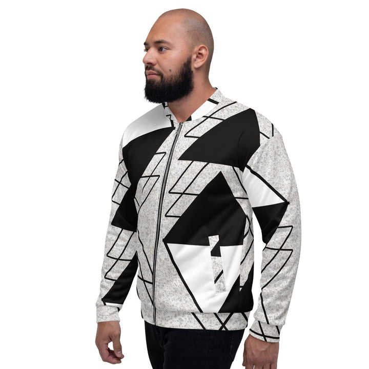 Mens Bomber Jacket Black and White Ash Grey Triangular Colorblock 2 - Mens