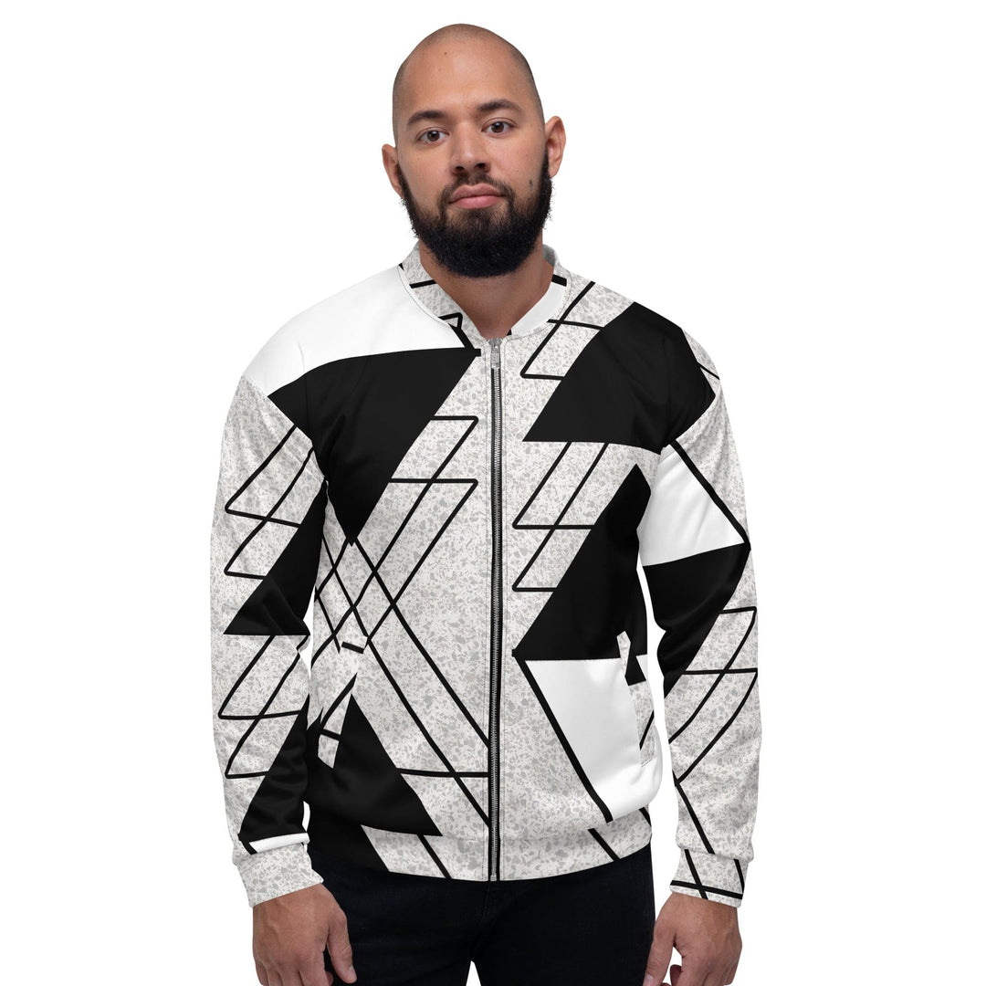 Mens Bomber Jacket Black and White Ash Grey Triangular Colorblock 2 - Mens