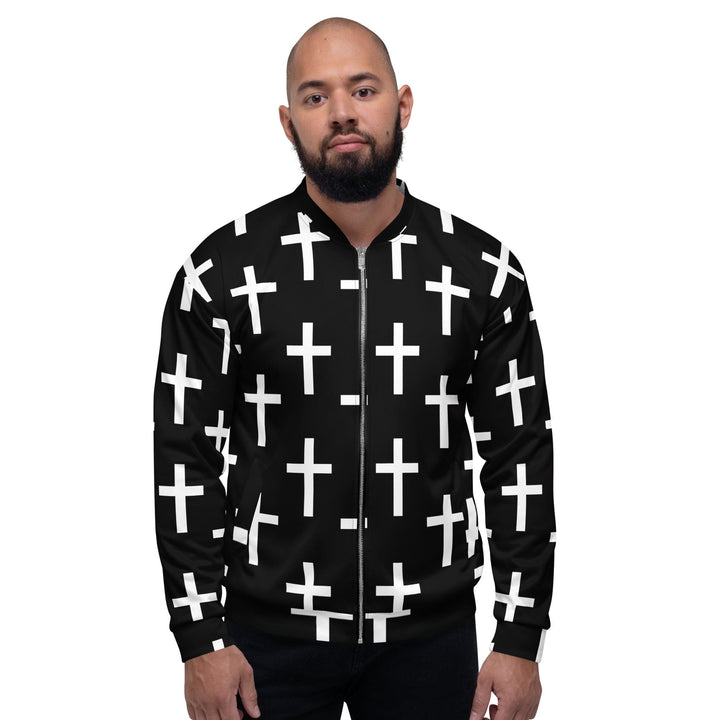 Mens Bomber Jacket Black White Cross Print - Mens | Jackets | Bombers