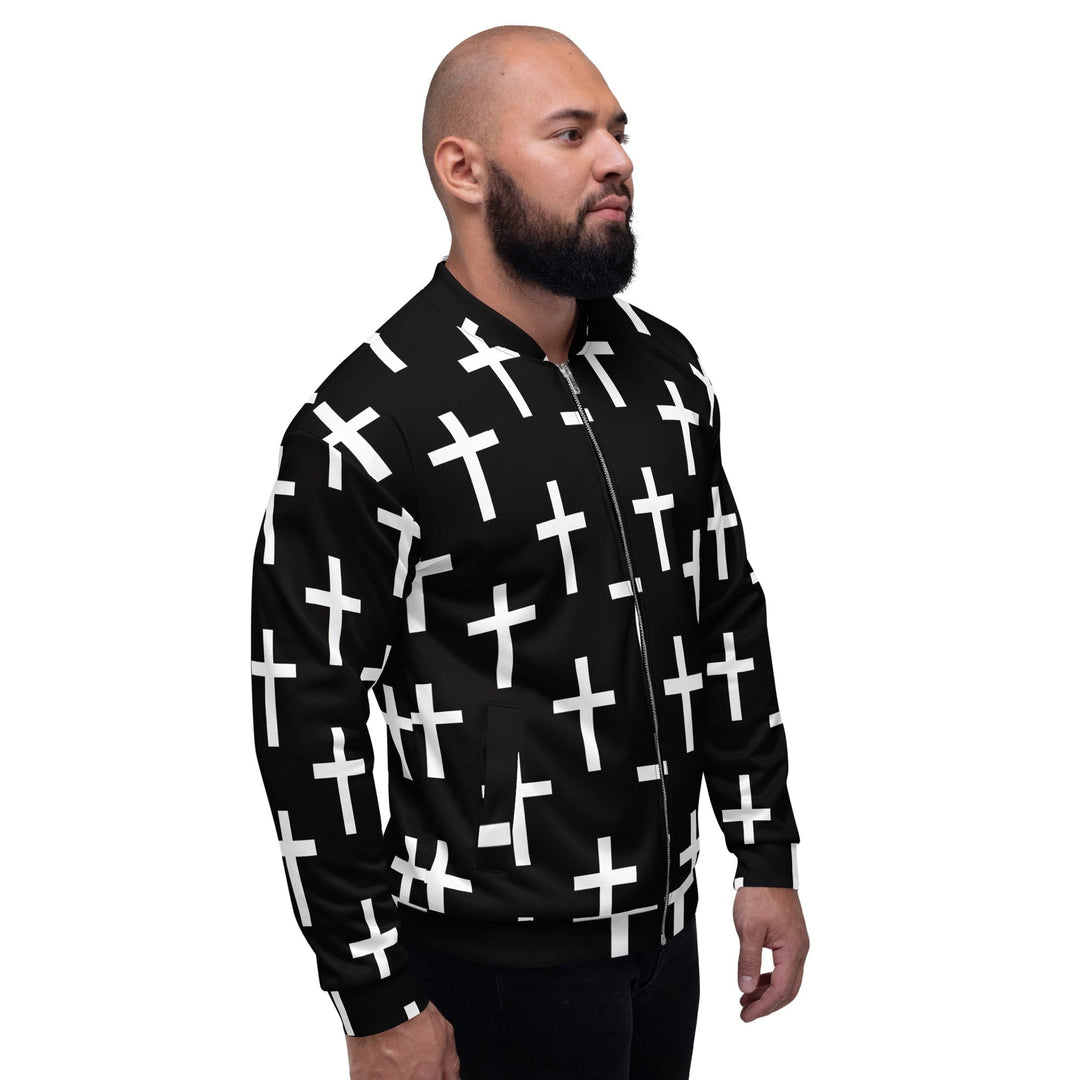 Mens Bomber Jacket Black White Cross Print - Mens | Jackets | Bombers