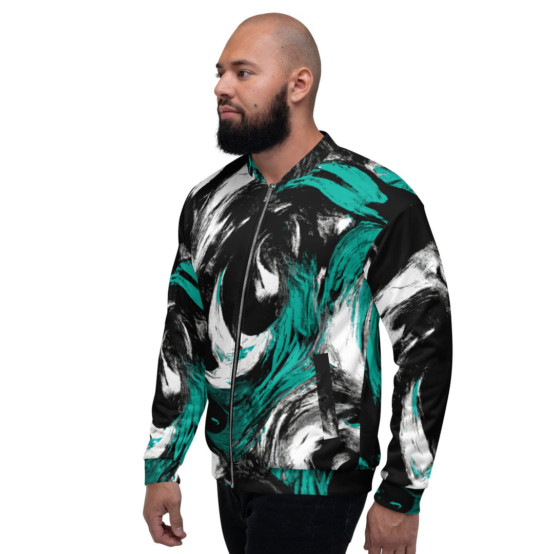 Mens Bomber Jacket Black Green White Abstract Pattern 2