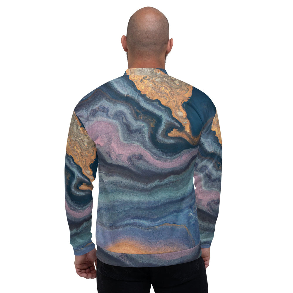 Mens Bomber Jacket Blue Pink Gold Abstract Marble Swirl Pattern 2