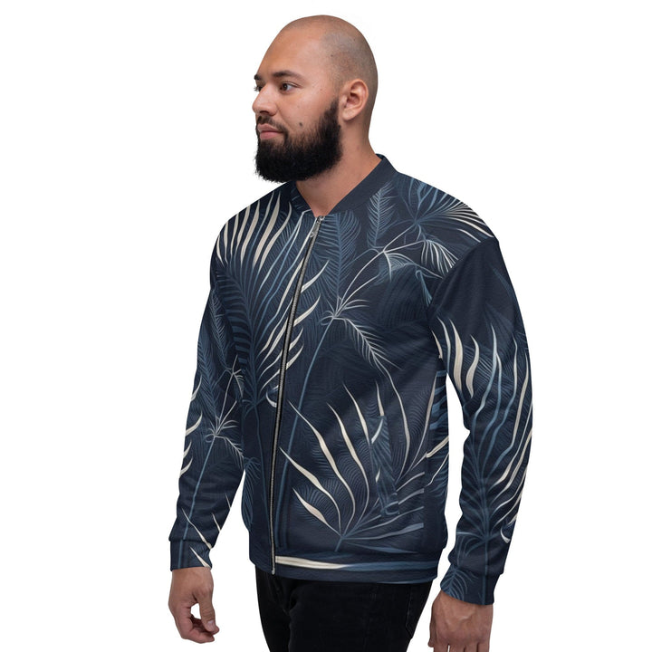 Mens Bomber Jacket Blue White Palm Leaves 2