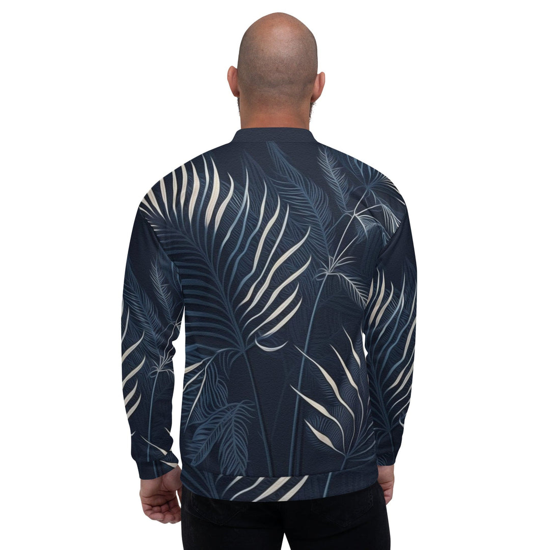 Mens Bomber Jacket Blue White Palm Leaves 2