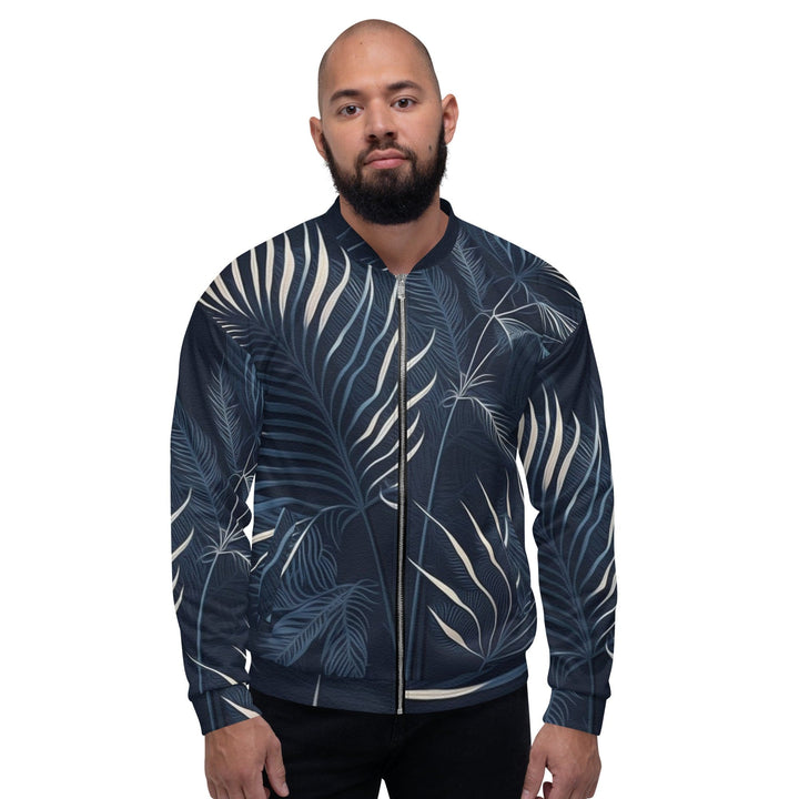 Mens Bomber Jacket Blue White Palm Leaves 2