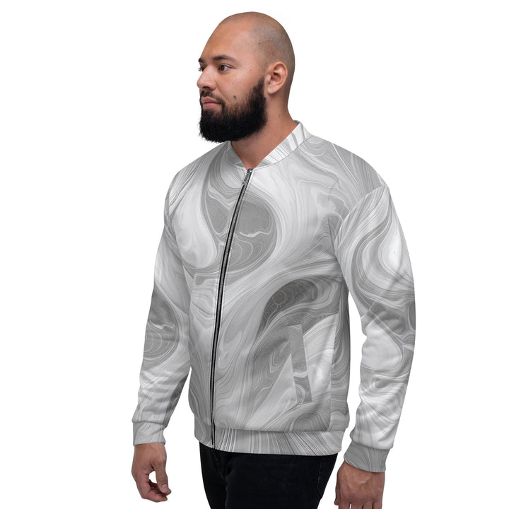 Mens Bomber Jacket Grey White Boho Marble Print - Mens | Jackets | Bombers