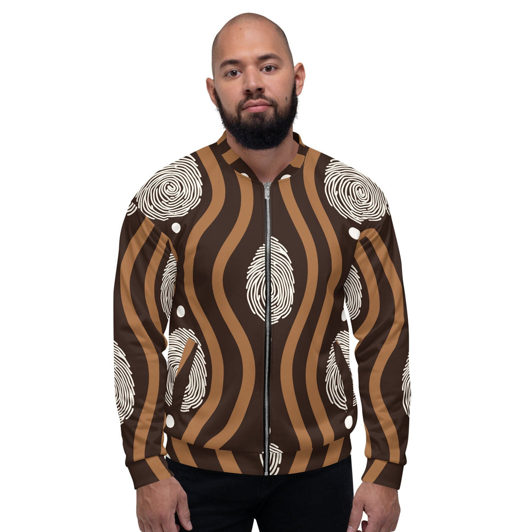 Mens Bomber Jacket Brown White Geometric Lines - Mens | Jackets | Bombers