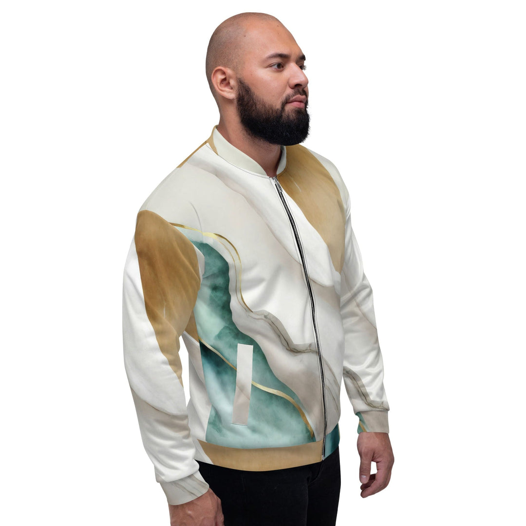 Mens Bomber Jacket Cream White Green Marbled Print 2 - Mens | Jackets | Bombers