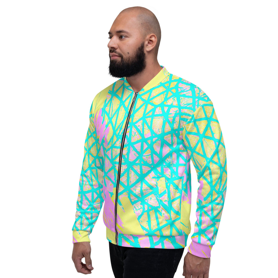 Mens Bomber Jacket Cyan Blue Lime Green and Pink Pattern 2 - Mens | Jackets