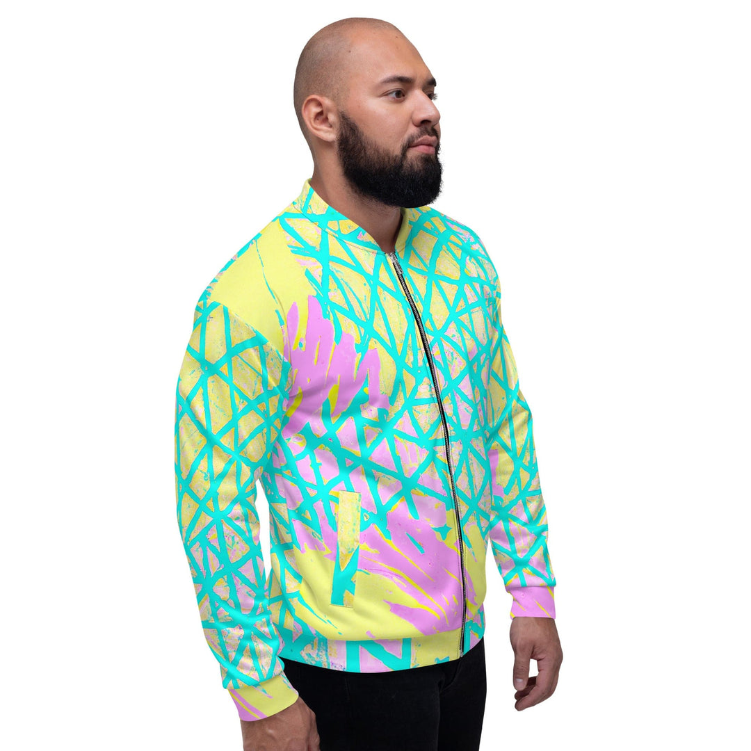 Mens Bomber Jacket Cyan Blue Lime Green and Pink Pattern 2 - Mens | Jackets