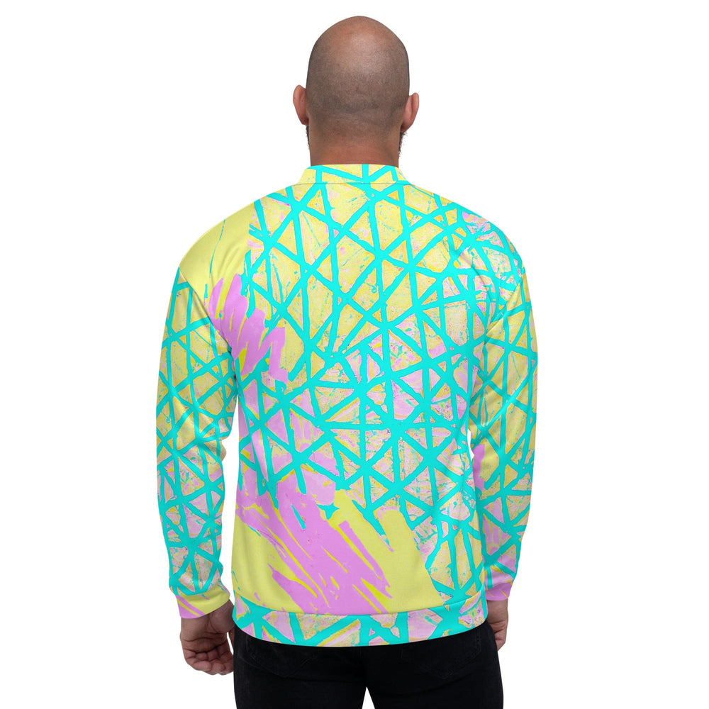 Mens Bomber Jacket Cyan Blue Lime Green and Pink Pattern 2 - Mens | Jackets