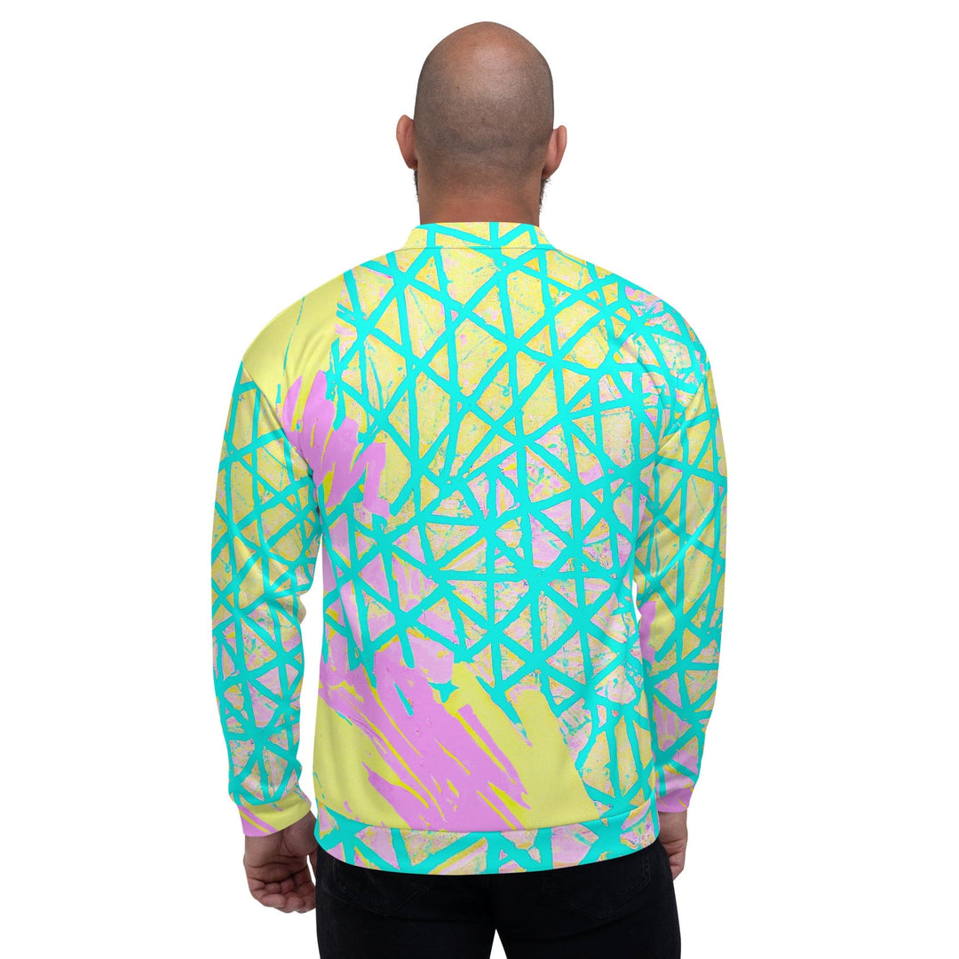 Mens Bomber Jacket Cyan Blue Lime Green and Pink Pattern 2 - Mens | Jackets